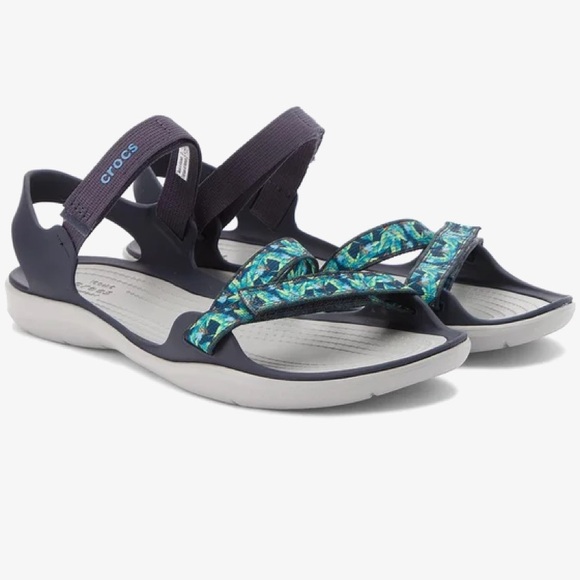 CROCS Sandals Swiftwater Webbing Green Blue Black Women’s Size 9 - Picture 3 of 11